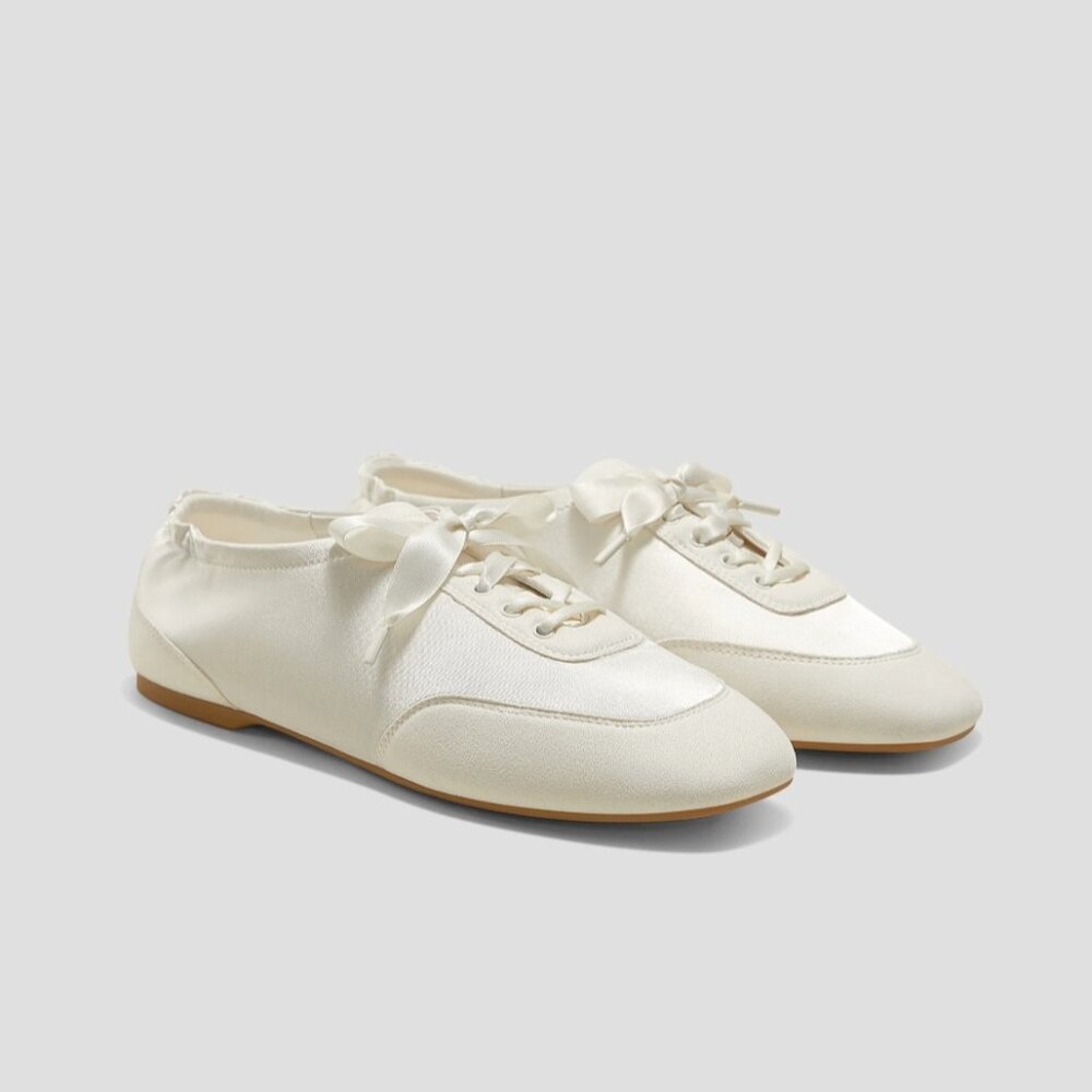 Vivaia Cristina Square-Toe Lace Up Satin Sneakerina Ivory White Sneaker Shoe